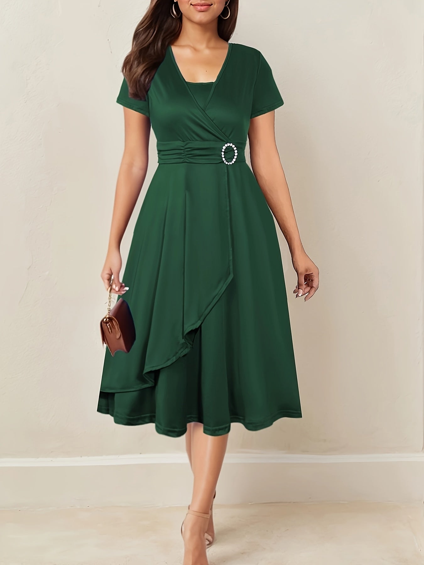Brumati Wrap Waist Midi Dress – Rhinestone Buckle Ruched Evening Women Formal Party Teal Midi Dress