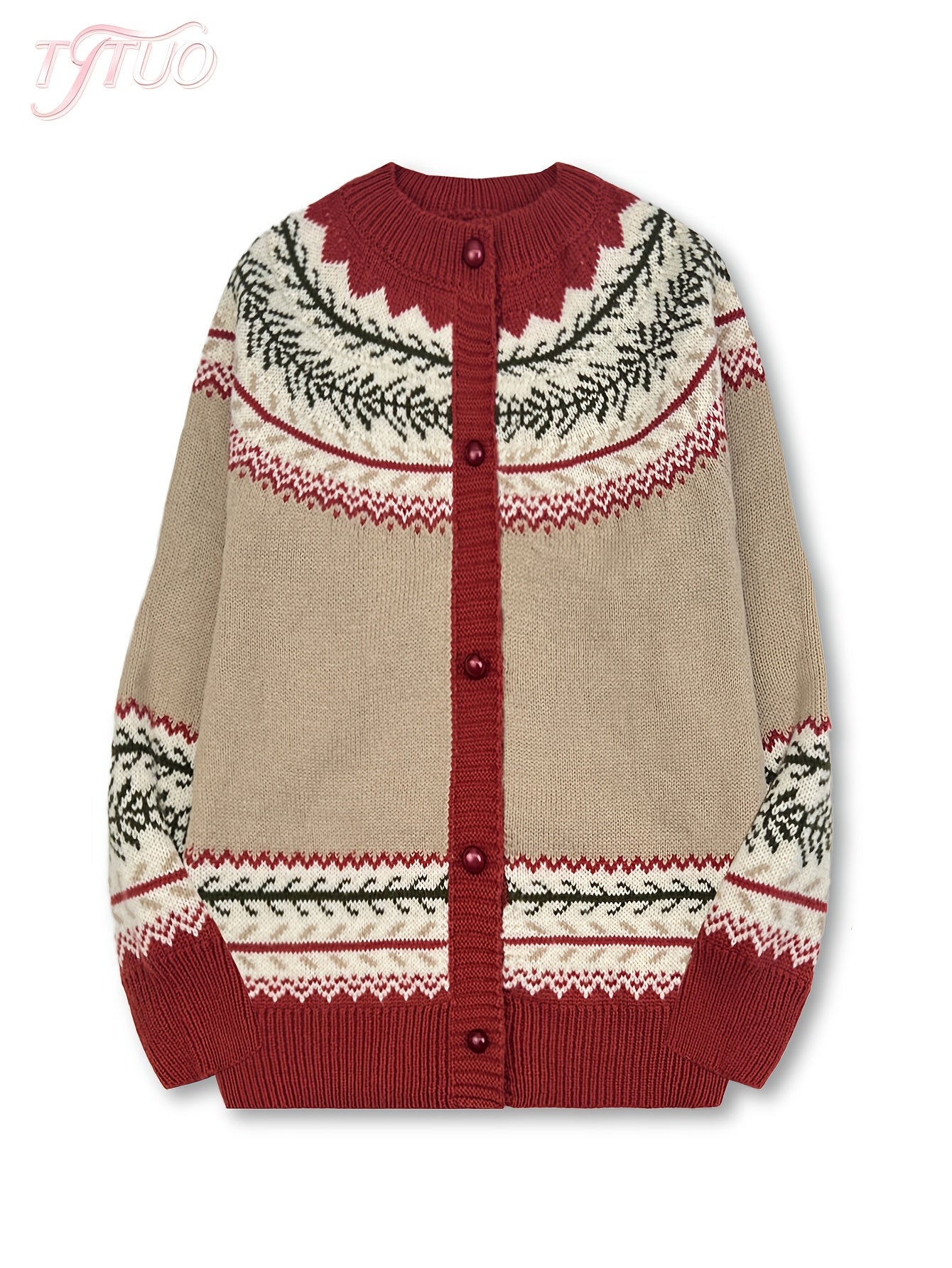 Cardigan boutonné Fair Isle Fjarrond - Pull cardigan tricoté pour femme, motif nordique, manches longues
