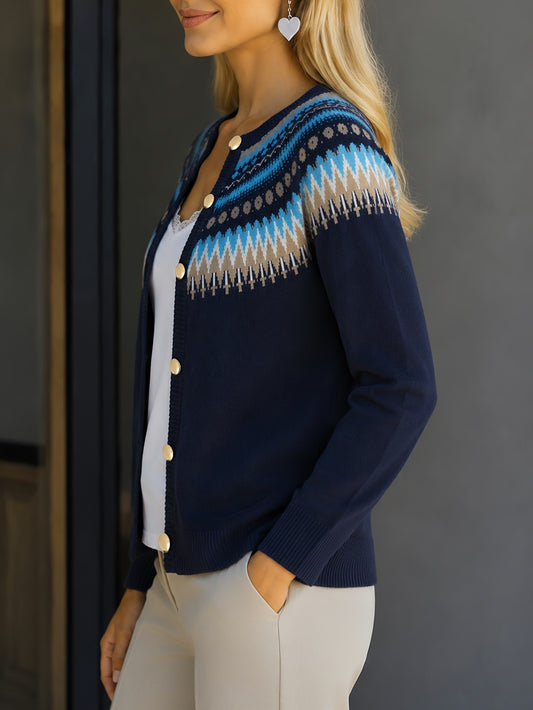 Ondri Fair Isle Button-Front Cardigan – Women Buttoned Long Sleeve Top Jacquard Knit Sweater Navy Beige Blue
