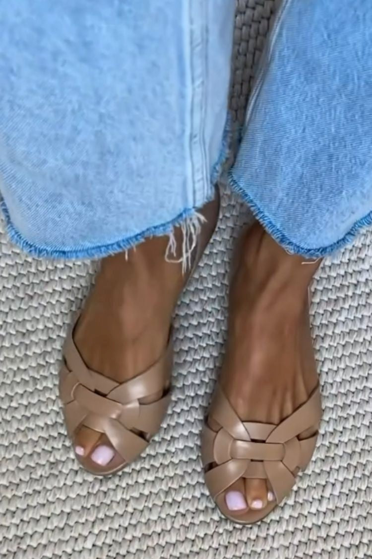 Sienna Leather Interwoven Strappy Peep Toe Flats – Women Sandals Designer Woven Casual Summer d'Orsay Flats