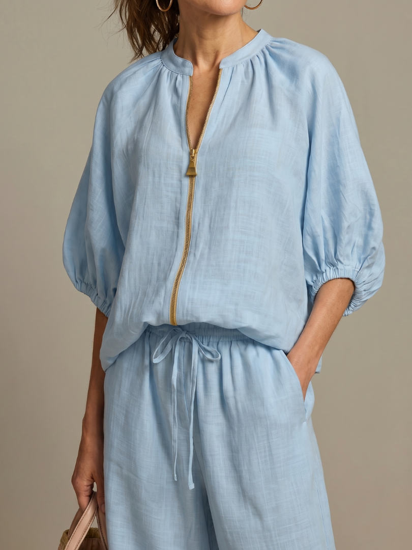 Cielebri Puff Sleeve Zip Top Wide Leg Pants Set – Two Piece Sets Women Loungewear Casual Summer Lounge Sets
