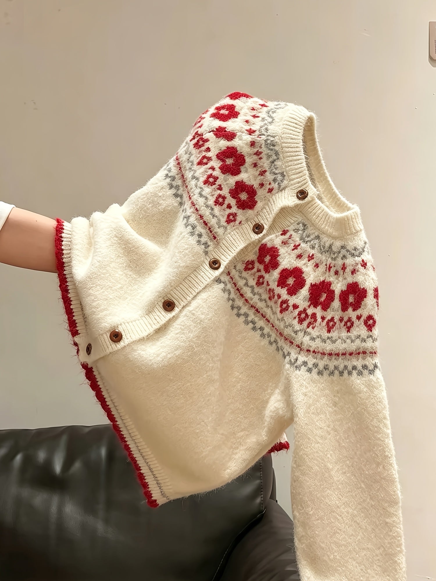 Blomstra Fair Isle Button Cardigan – Chunky Knit Women Fall Cozy Oversized Nordic Pattern Cardigan