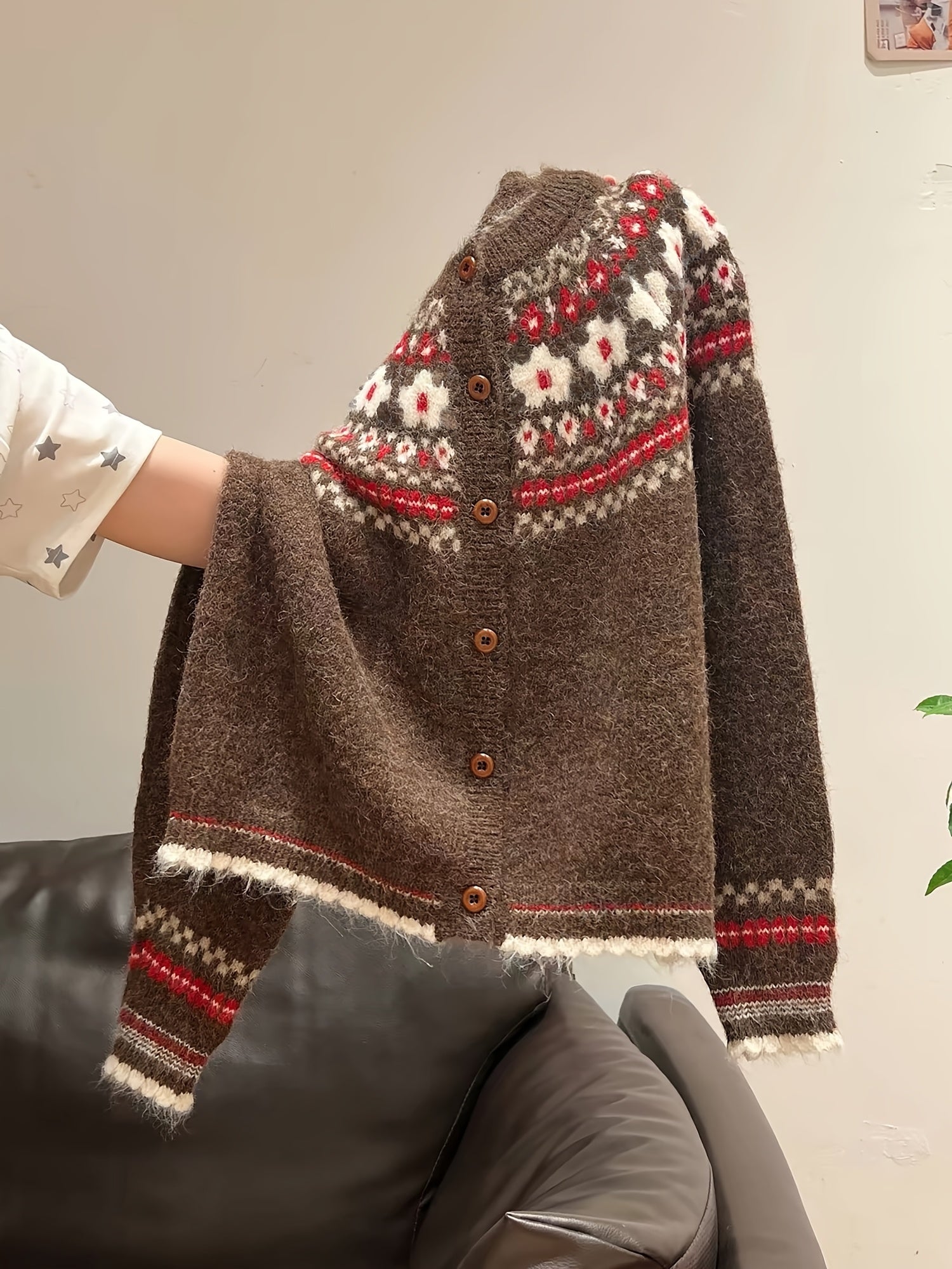 Blomstra Fair Isle Button Cardigan – Chunky Knit Women Fall Cozy Oversized Nordic Pattern Cardigan