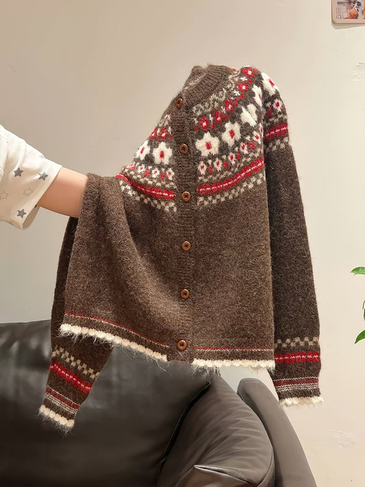 Blomstra Fair Isle Button Cardigan – Chunky Knit Women Fall Cozy Oversized Nordic Pattern Cardigan