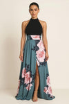 Floriva Halter Maxi Dress – Floral Color Block High Neck Evening Gown Women Semi Formal Cocktail Slit