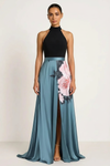 Floriva Halter Maxi Dress – Floral Color Block High Neck Evening Gown Women Semi Formal Cocktail Slit