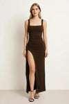 Riviera Bodycon Maxi Dress – Square Neck High Slit Formal Evening Gown Women Trendy Elegant Party