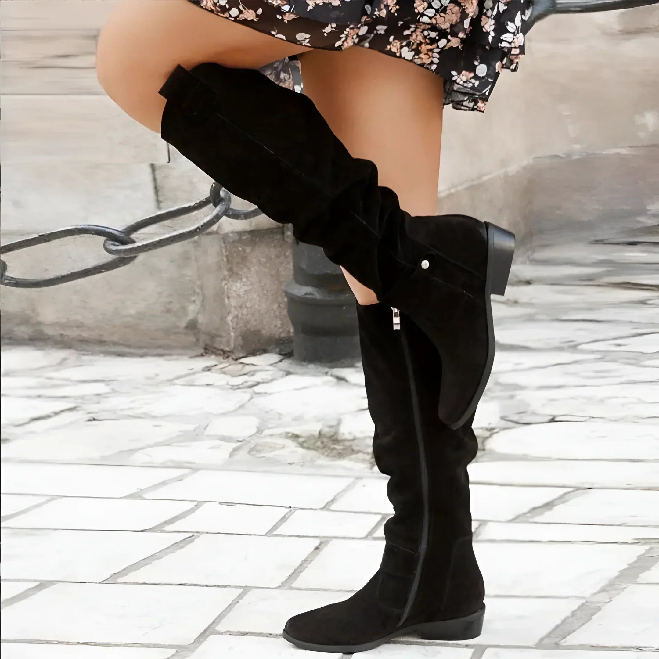 Ripplón Slouchy Knee-High Boots – Suede Women Fall Casual Business Flat Taupe Knee Boots
