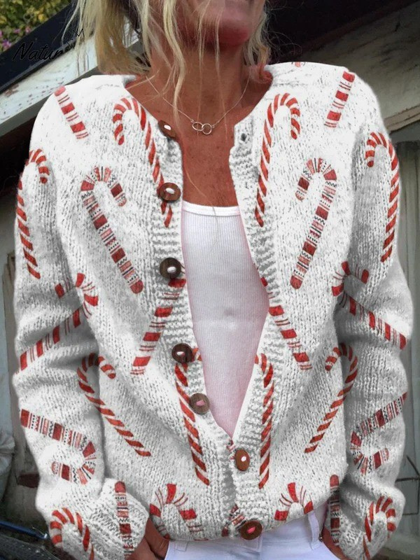Cardigan Candifleck en maille, boutonné sur le devant - Cardigan femme festif à imprimé de fête