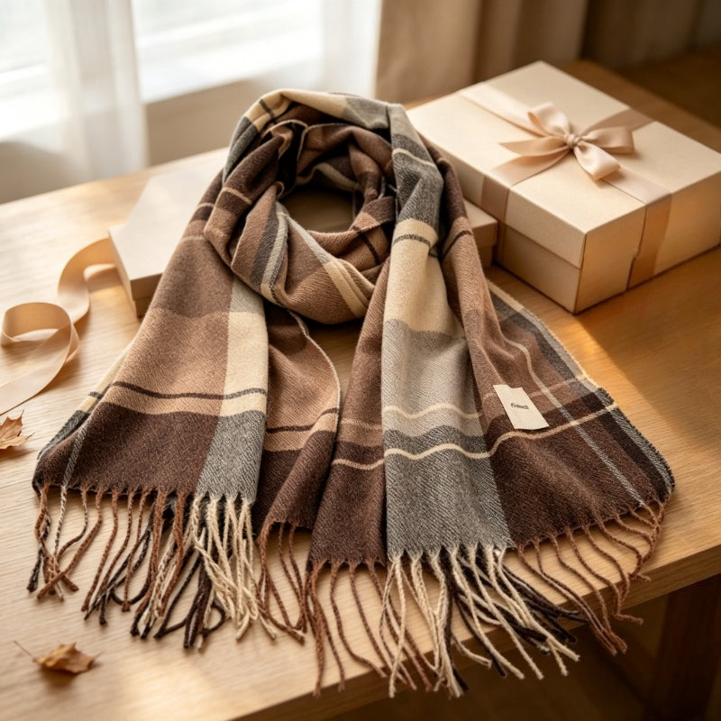 Grande écharpe à carreaux Frinara – Écharpe chaude pour femme, hiver et automne, à pompons et franges, châle enveloppant façon couverture