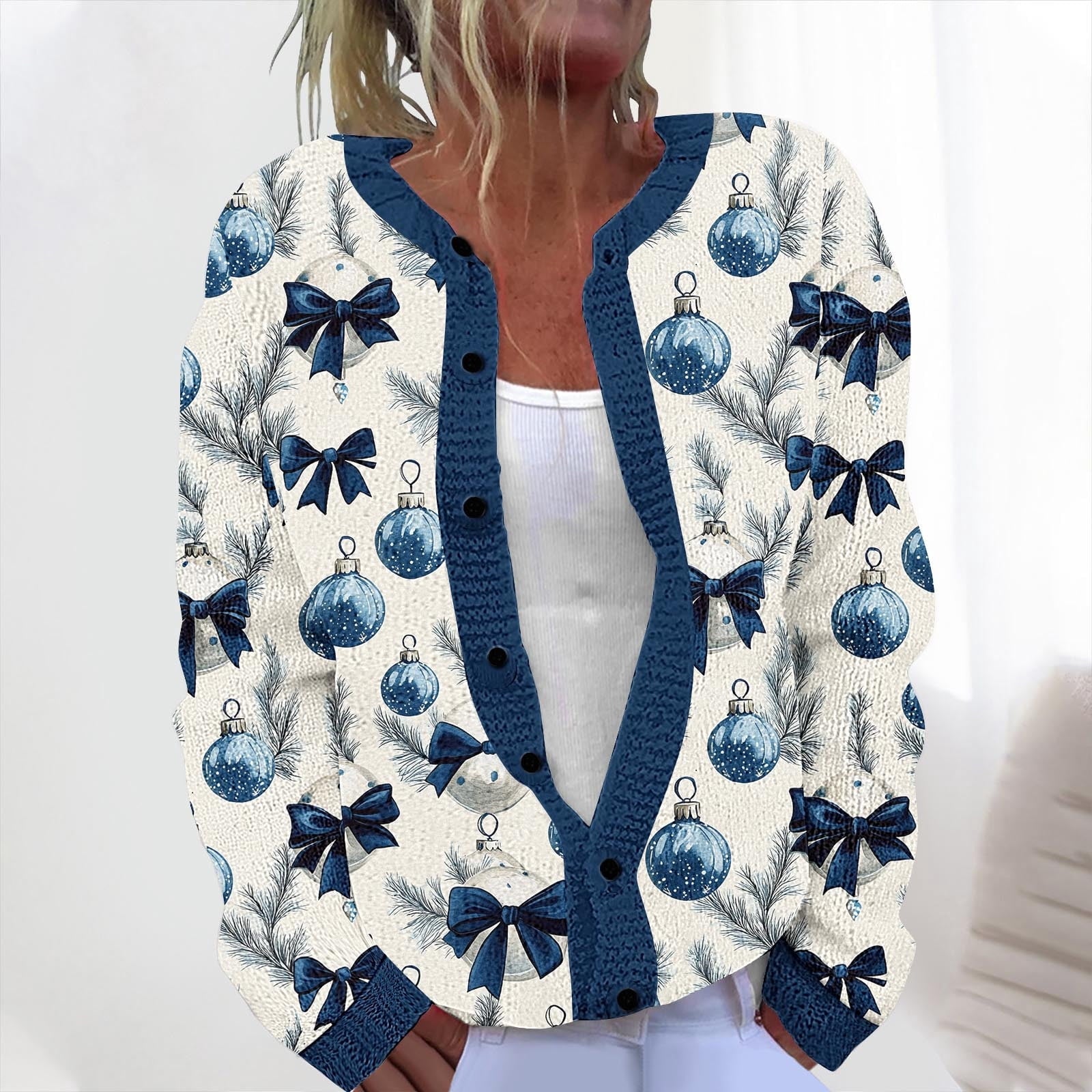 Ornabelle Printed Cardigan – Christmas Holiday Women Button Down Knit Cardigan Blue Festive Casual Fall Cardigan