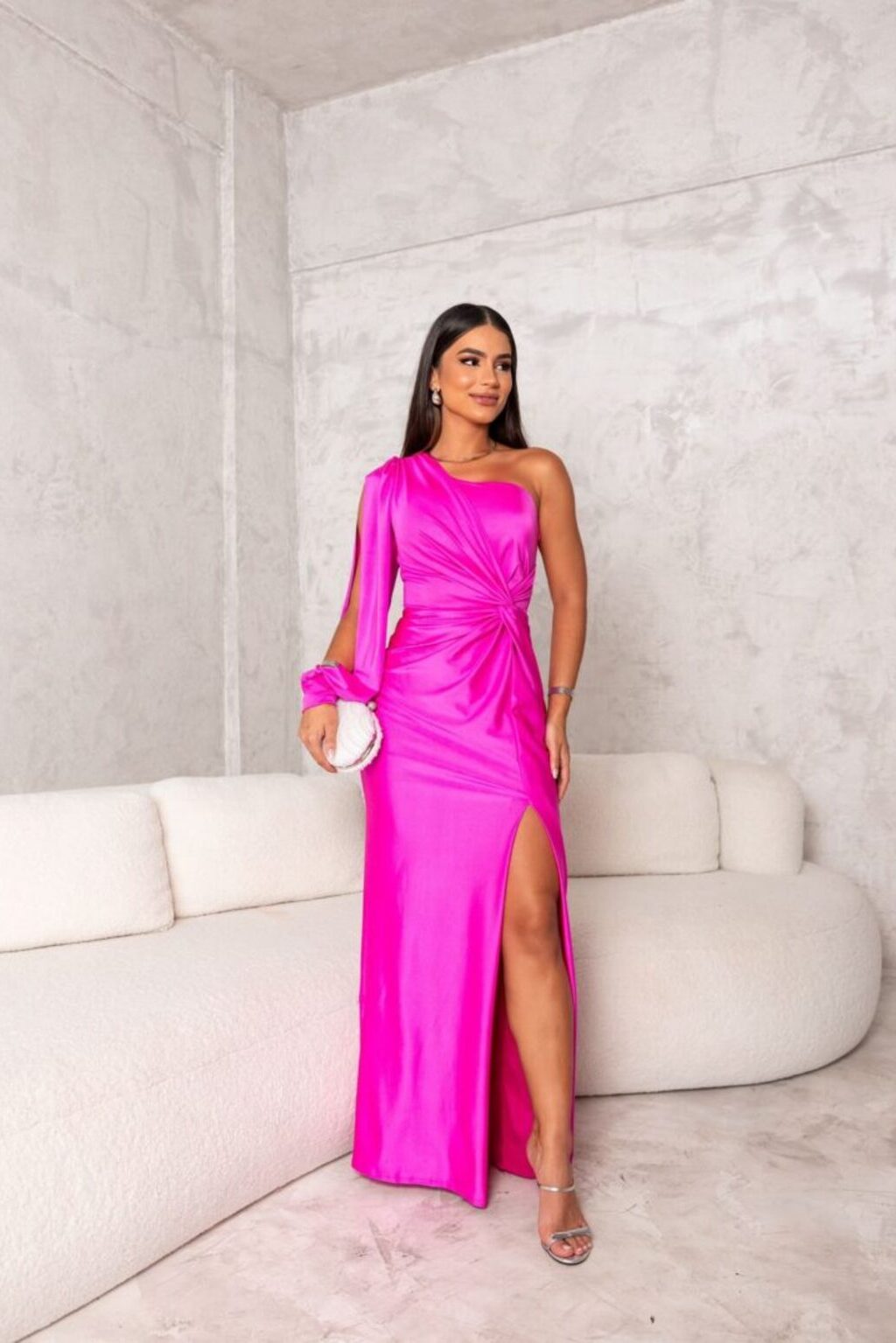 Robe longue fendue à une épaule Drapevia - Robe longue drapée en satin pour femme, pour soirées formelles, cocktails et fêtes