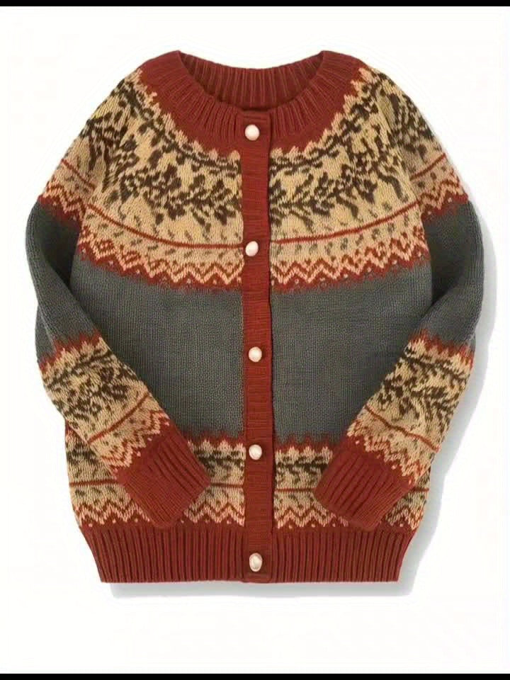 Cardigan boutonné Fair Isle Fjarrond - Pull cardigan tricoté pour femme, motif nordique, manches longues
