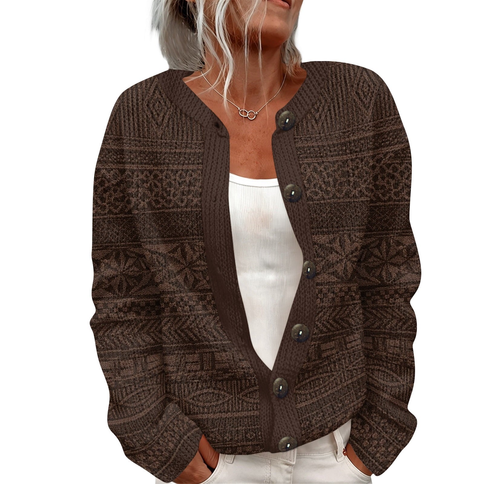Mosarix Fair Isle Button Cardigan – Women Patterned Cable Knit Sweater Crew Neck Casual Cardigan