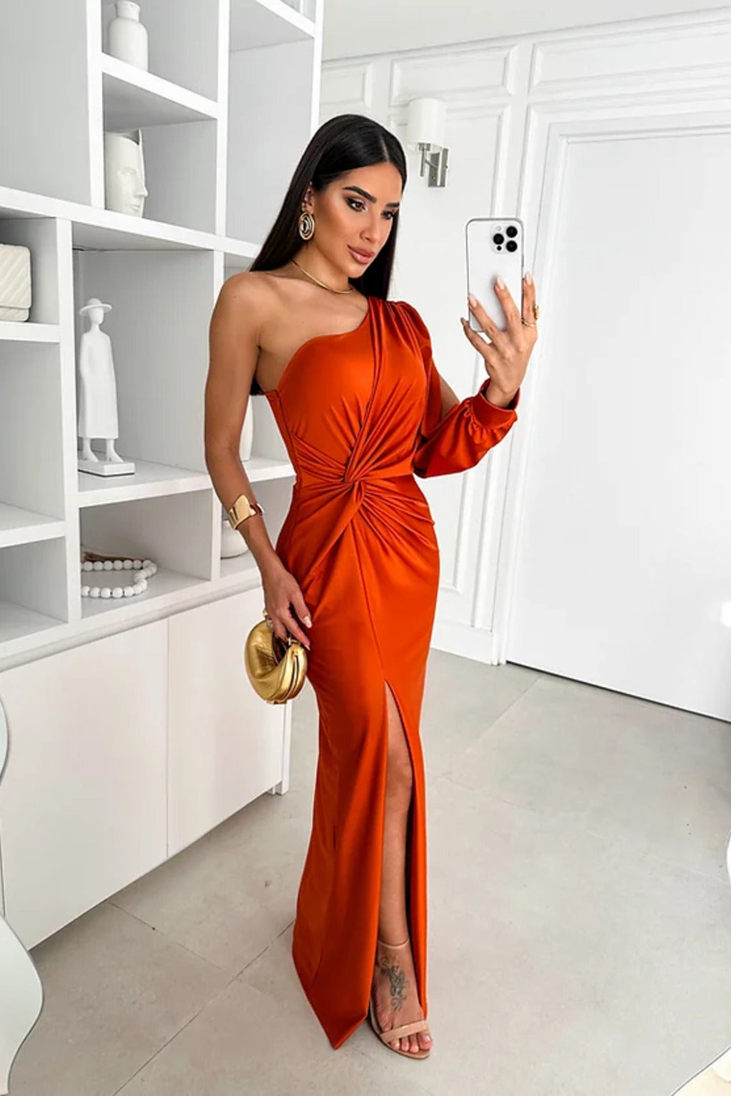Robe longue fendue à une épaule Drapevia - Robe longue drapée en satin pour femme, pour soirées formelles, cocktails et fêtes
