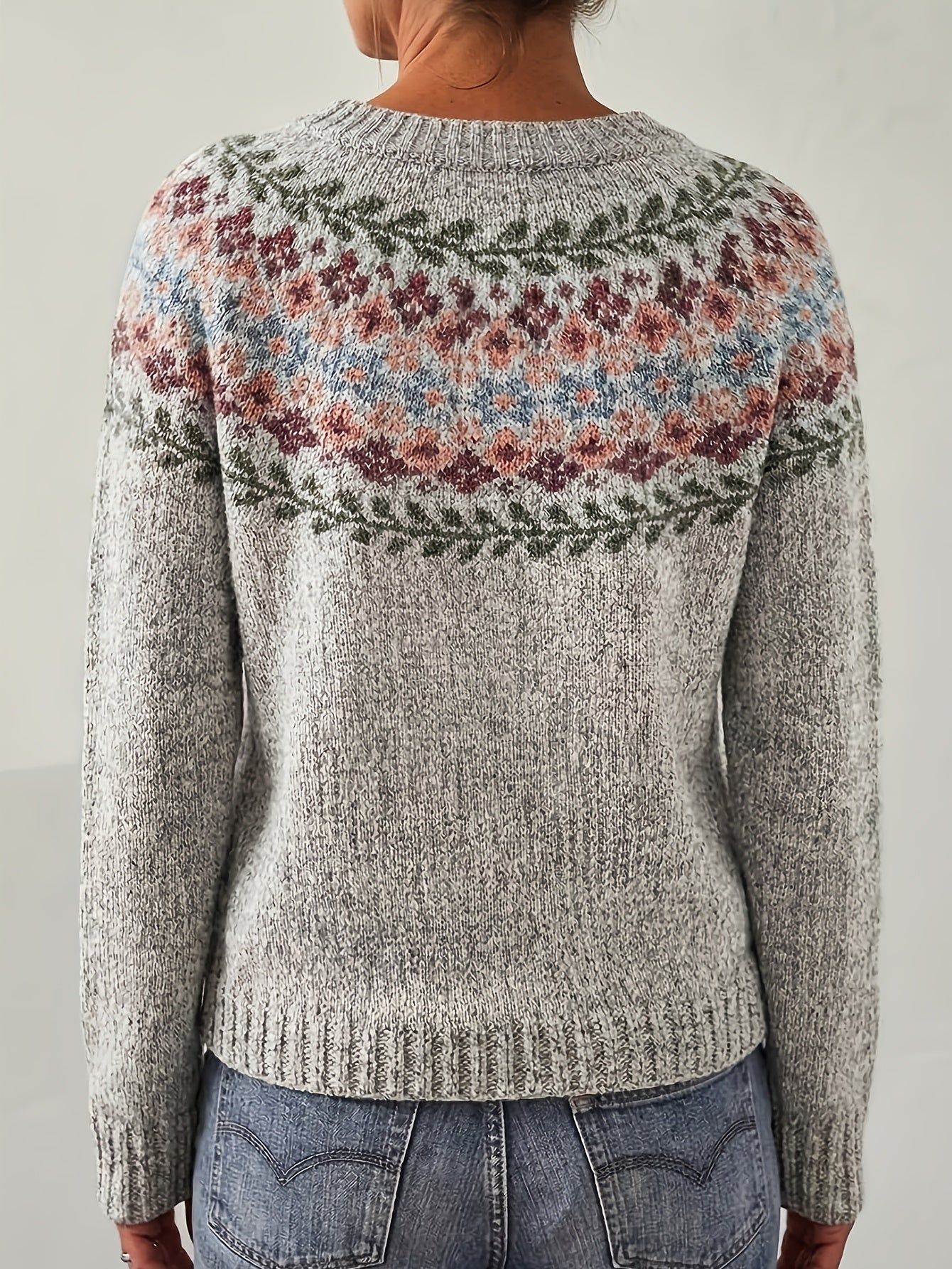 Fjorisa Fair Isle Jacquard Sweater – Women Crew Neck Nordic Pullover Knit Top Fall