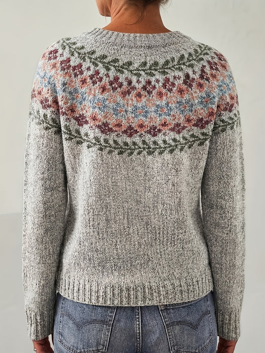 Fjorisa Fair Isle Jacquard Sweater – Women Crew Neck Nordic Pullover Knit Top Fall