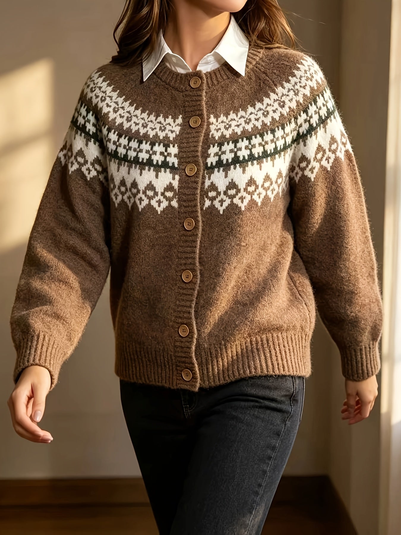 Cardigan boutonné Fair Isle Houndella - Pull cardigan tricoté pour femme, style preppy vintage, cardigan de fête