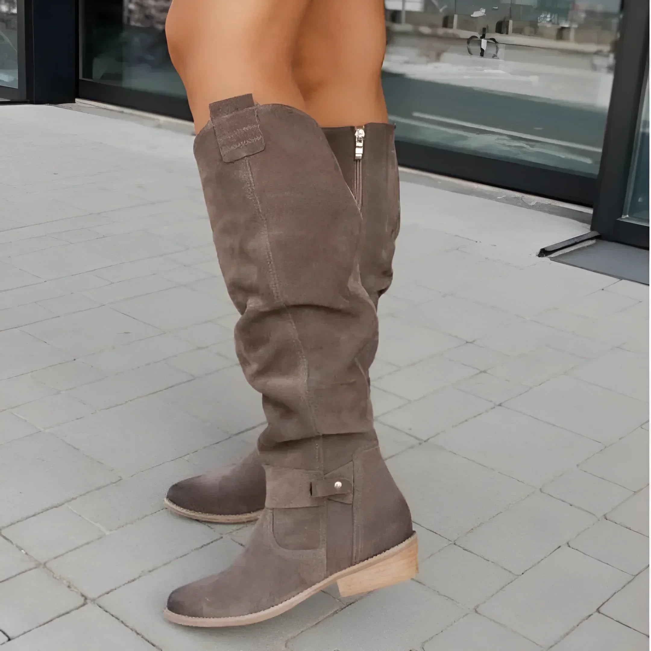 Ripplón Slouchy Knee-High Boots – Suede Women Fall Casual Business Flat Taupe Knee Boots