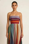 Chroma Strapless Maxi Dress – Multicolor Stripe Pleated Gown Women Evening Party Wedding Guest