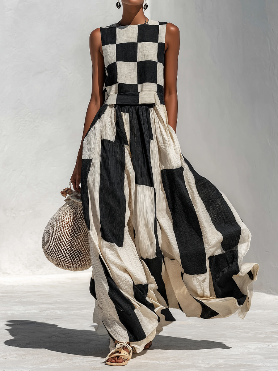 Scacchi Checkerboard Maxi Dress – Women Sleeveless Striped Resort Vacation Beach Boho Summer Maxi Dress