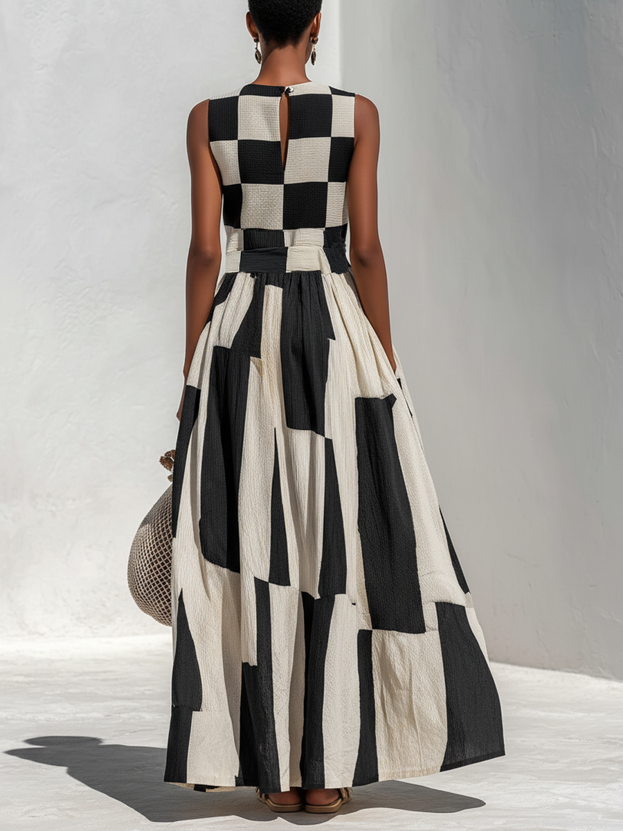 Scacchi Checkerboard Maxi Dress – Women Sleeveless Striped Resort Vacation Beach Boho Summer Maxi Dress