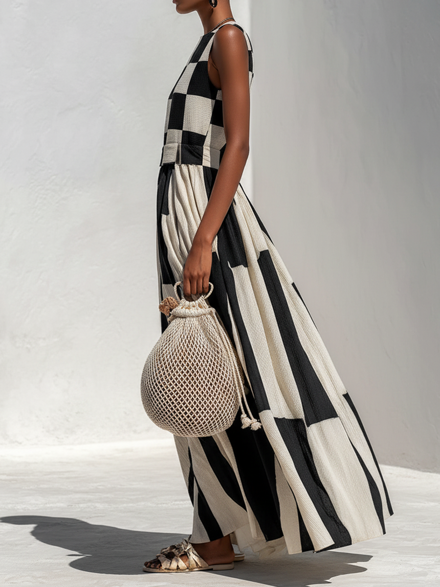 Scacchi Checkerboard Maxi Dress – Women Sleeveless Striped Resort Vacation Beach Boho Summer Maxi Dress