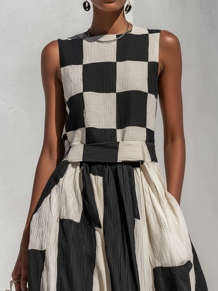 Scacchi Checkerboard Maxi Dress – Women Sleeveless Striped Resort Vacation Beach Boho Summer Maxi Dress
