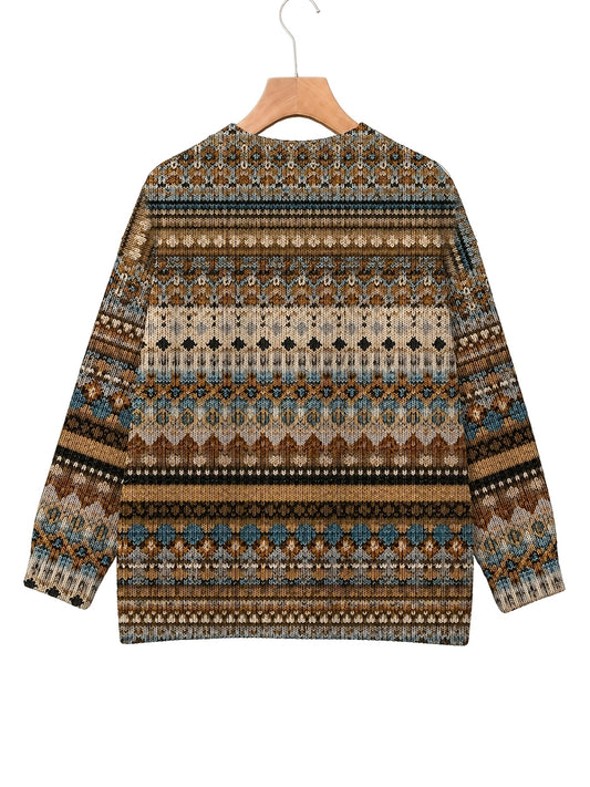 Norvik Fair Isle Jacquard Sweater – Women Boho Vintage Nordic Pattern Crew Neck Knit Pullover Sweater