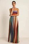 Chroma Strapless Maxi Dress – Multicolor Stripe Pleated Gown Women Evening Party Wedding Guest