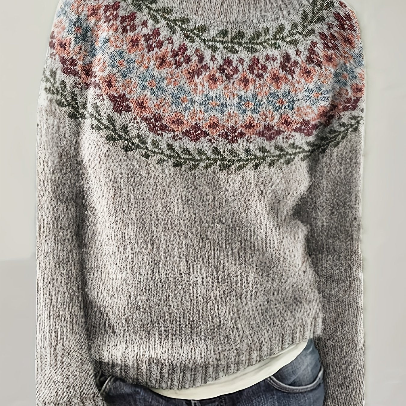 Fjorisa Fair Isle Jacquard Sweater – Women Crew Neck Nordic Pullover Knit Top Fall