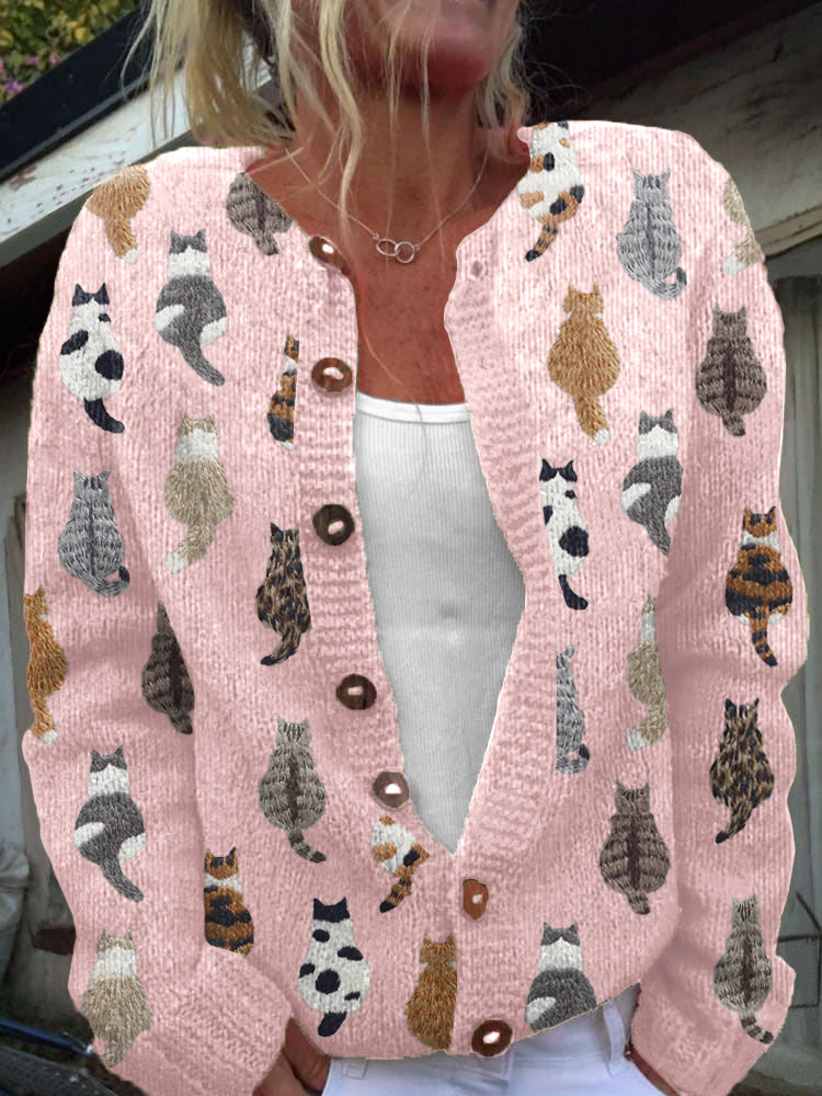 Cardigan Cattino en maille à motif de chat, boutonné sur le devant - Pull femme pour l’automne à imprimé fantaisie, col rond, long
