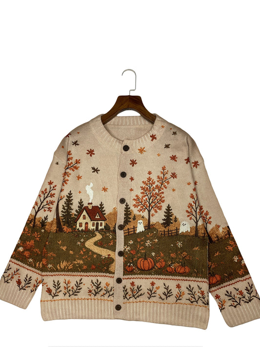 Foliante Embroidered Scenic Button-Front Cardigan – Women Autumn Sweater Knitwear Cottage Core Fall Cardigan