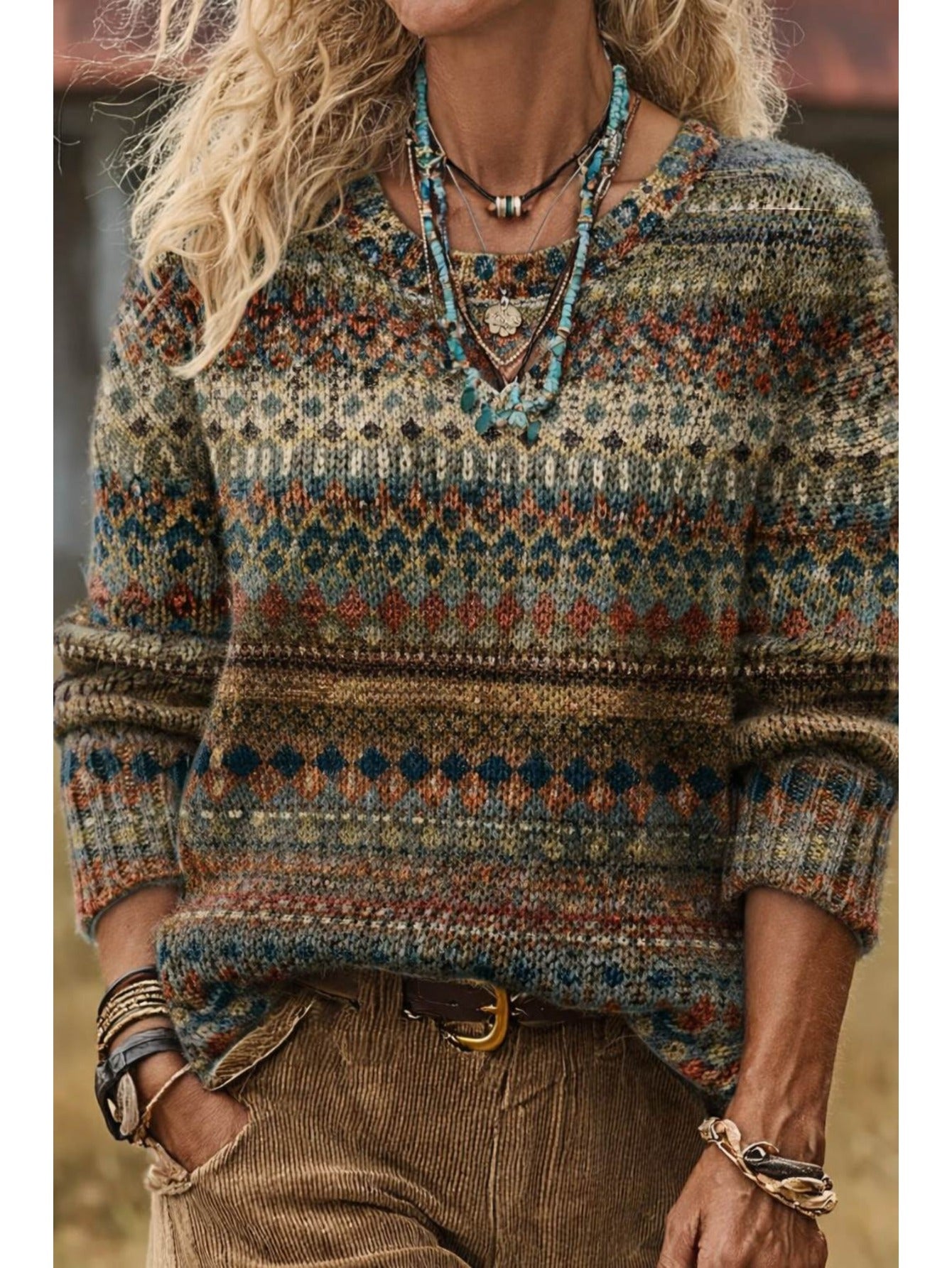 Norvik Fair Isle Jacquard Sweater – Women Boho Vintage Nordic Pattern Crew Neck Knit Pullover Sweater