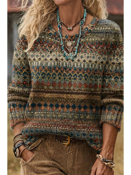 Norvik Fair Isle Jacquard Sweater – Women Boho Vintage Nordic Pattern Crew Neck Knit Pullover Sweater