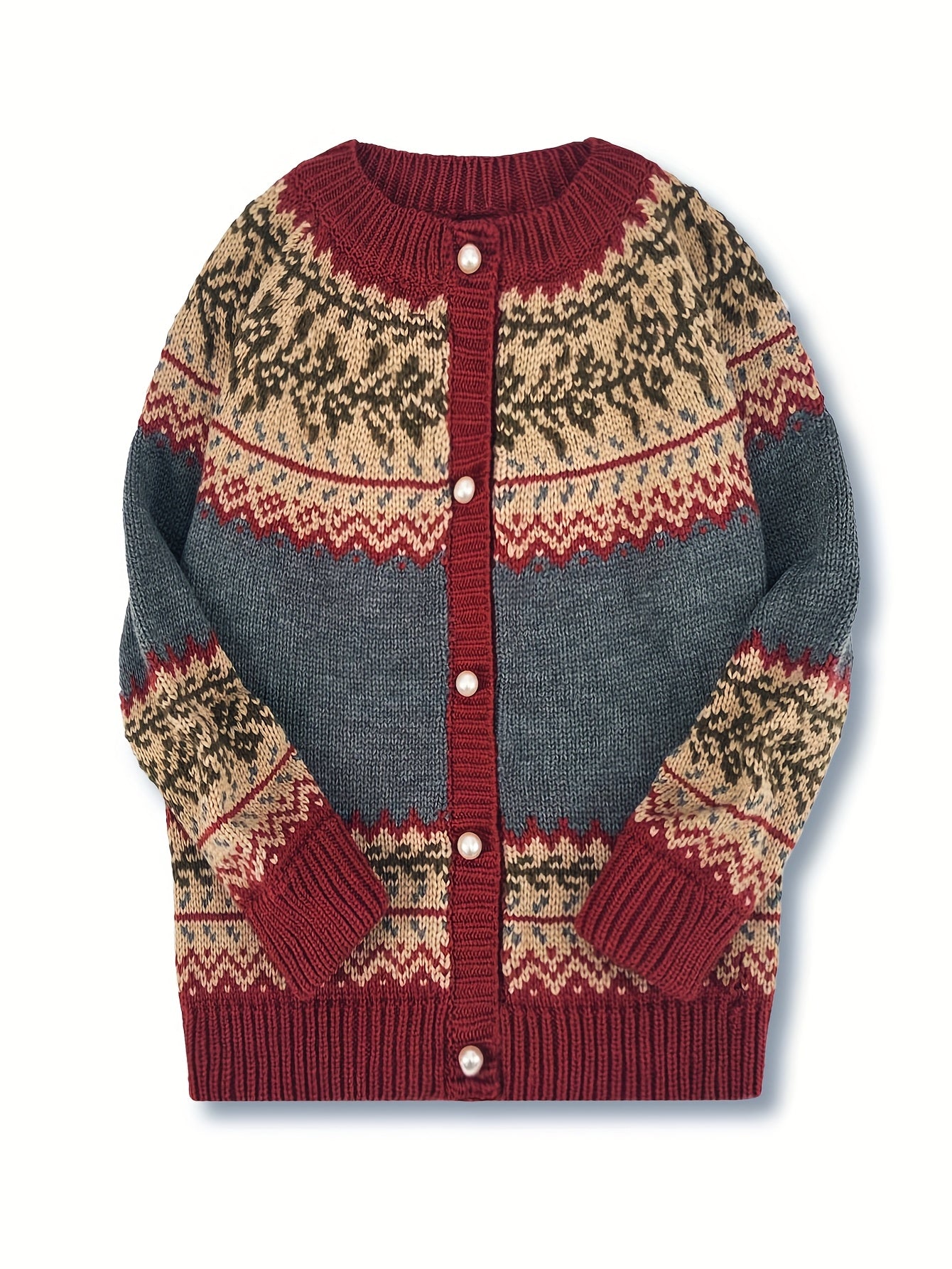 Cardigan boutonné Fair Isle Fjarrond - Pull cardigan tricoté pour femme, motif nordique, manches longues