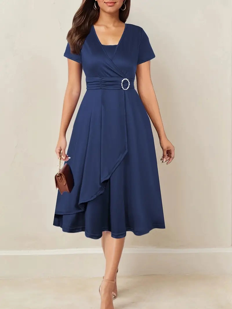 Brumati Wrap Waist Midi Dress – Rhinestone Buckle Ruched Evening Women Formal Party Teal Midi Dress