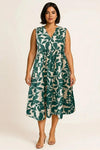 Foglia Tiered Dress – Botanical Print Midi Sleeveless Women Casual Vacation Sundress