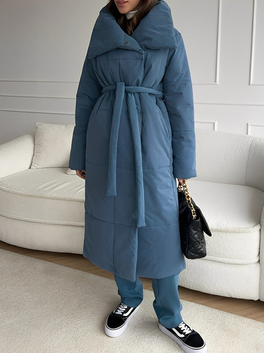 Quiltura Oversized Quilted Longline Puffer Coat – Women Padded Winter Outerwear Shawl Collar Long Coat