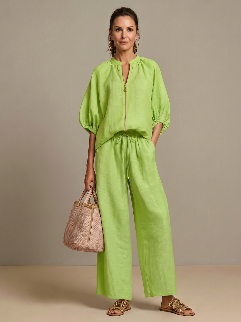 Cielebri Puff Sleeve Zip Top Wide Leg Pants Set – Two Piece Sets Women Loungewear Casual Summer Lounge Sets