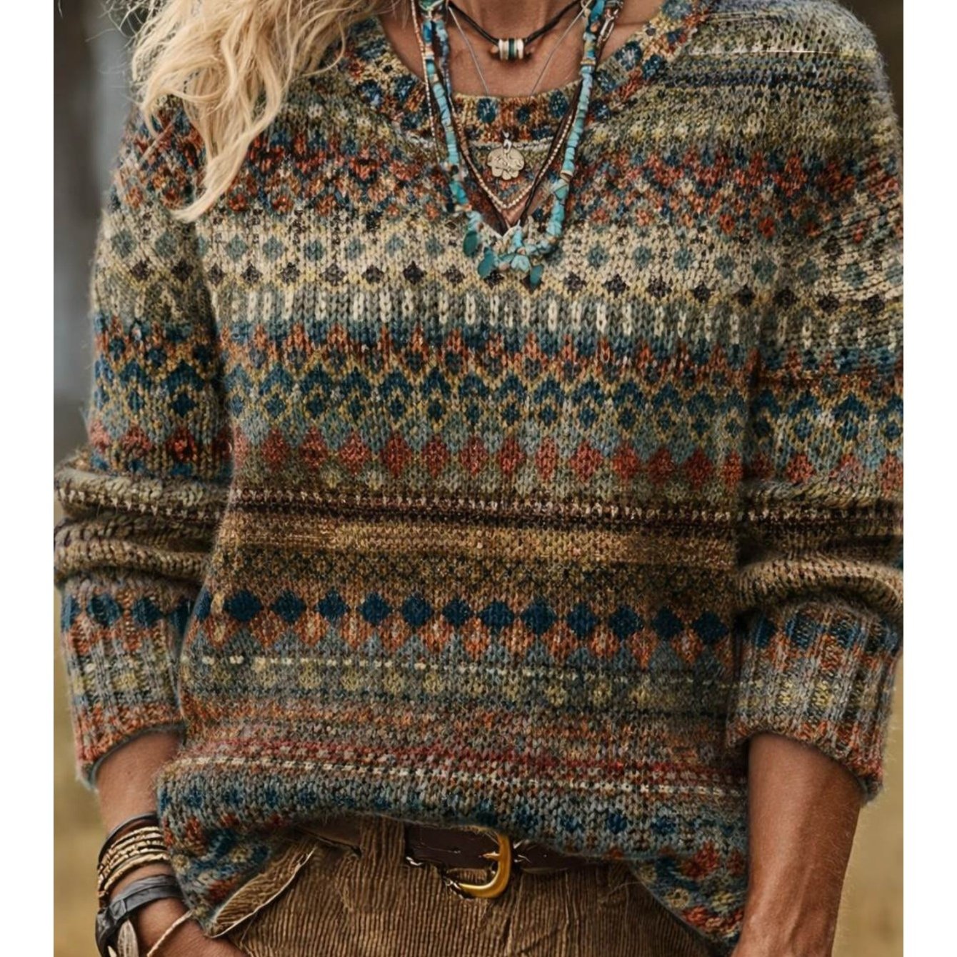 Norvik Fair Isle Jacquard Sweater – Women Boho Vintage Nordic Pattern Crew Neck Knit Pullover Sweater