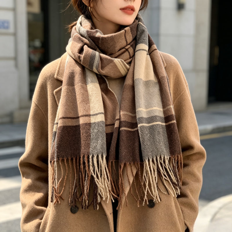 Grande écharpe à carreaux Frinara – Écharpe chaude pour femme, hiver et automne, à pompons et franges, châle enveloppant façon couverture