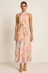 Aureli Halter Maxi Dress – Women Watercolor Print Flowy Evening Wedding Guest Semi Formal Dresses