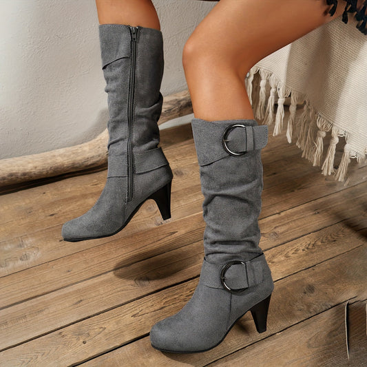 Bottes hautes à boucle Fibrina - Bottes en daim souples pour femme, à talon carré, automne-hiver