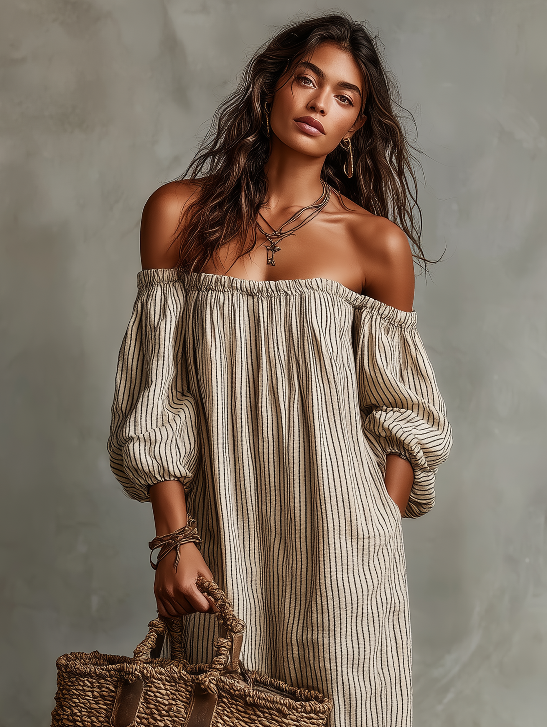 Rigatta Off-Shoulder Striped Maxi Dress – Women Summer Boho Casual Beach Vacation Sundress Maxi Dress