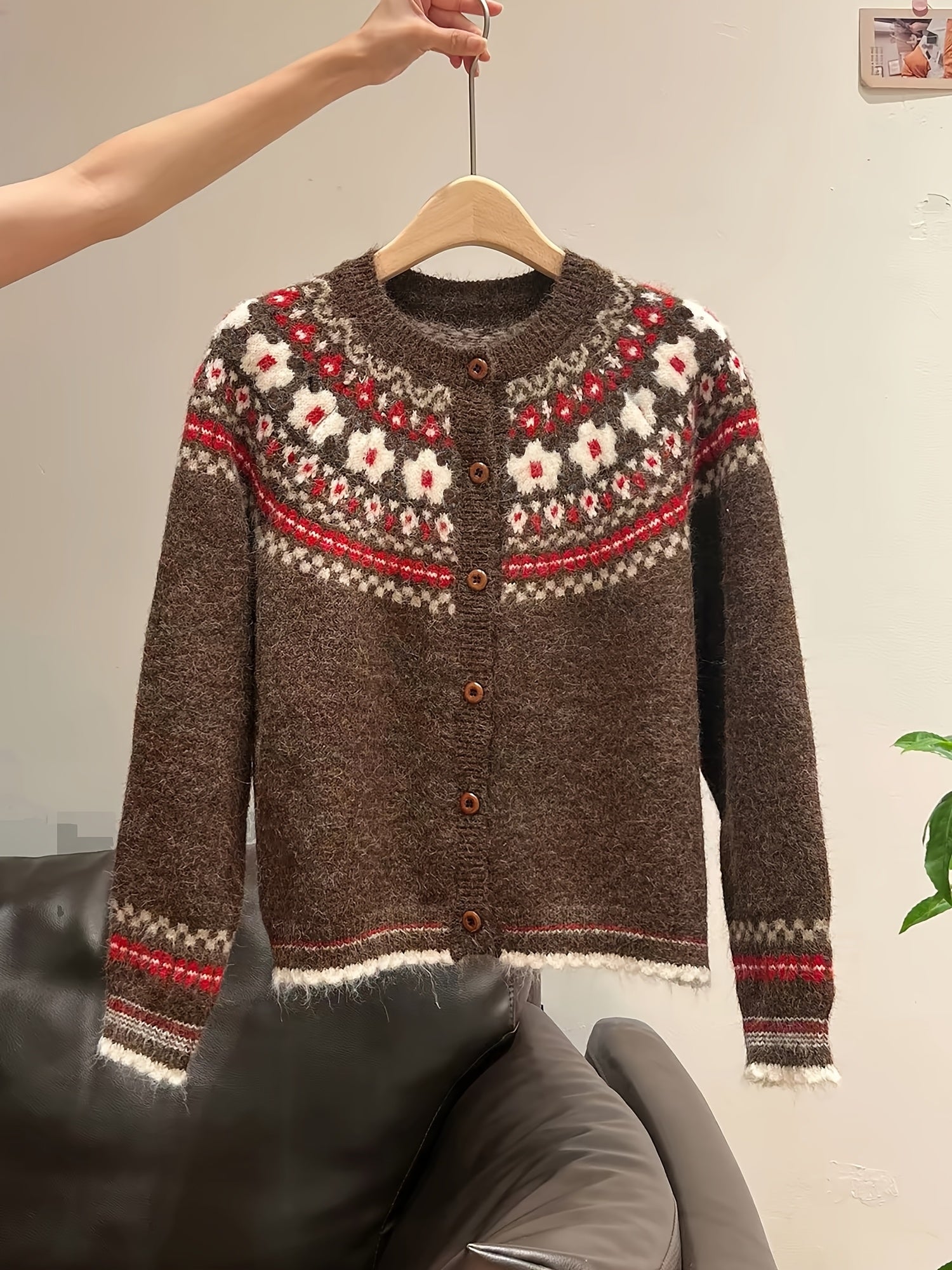 Blomstra Fair Isle Button Cardigan – Chunky Knit Women Fall Cozy Oversized Nordic Pattern Cardigan