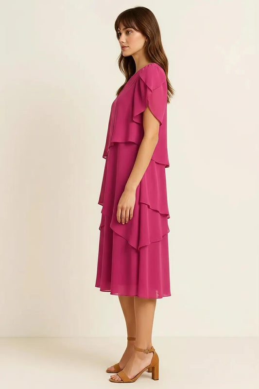 Cascada Tiered Dress – Women Midi Chiffon Puff Sleeve Wedding Guest Semi Formal Party Elegant