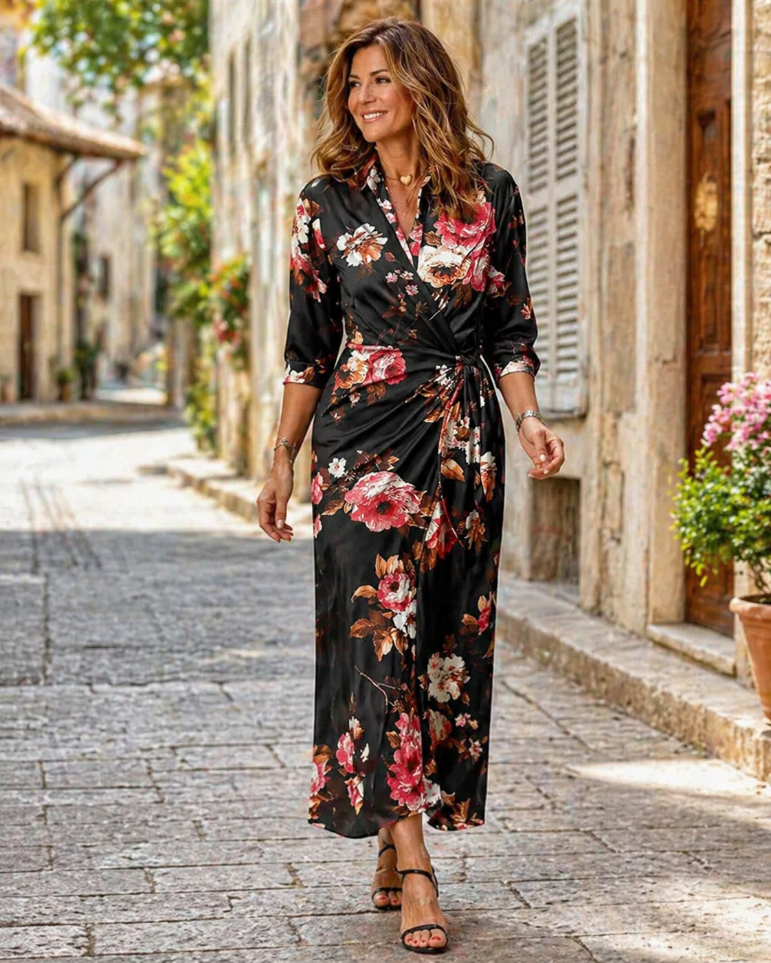 Cadenara Chain Print Wrap Midi Dress – Collared V-Neck Women Summer Vacation Shirt Dress Ladies Casual Midi