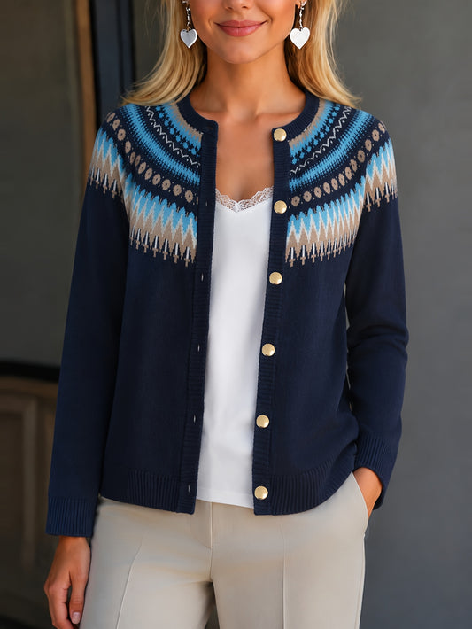 Ondri Fair Isle Button-Front Cardigan – Women Buttoned Long Sleeve Top Jacquard Knit Sweater Navy Beige Blue