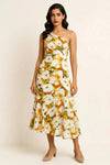 Floriva One-Shoulder Dress – Floral Midi Asymmetric Women Semi Formal Evening Wedding Guest Gown